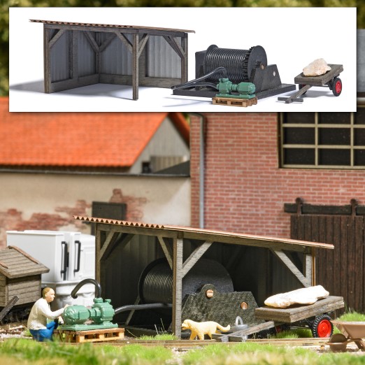 BUSCH 1977 H0 Unterstand, Wasserpumpe, Seilwinde und Wagen 