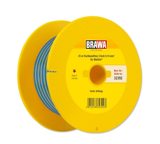 BRAWA 32392 Flachbandlitze Dreiadrig, 0,14 mm², 25 m Spule, blau/blau/gelb