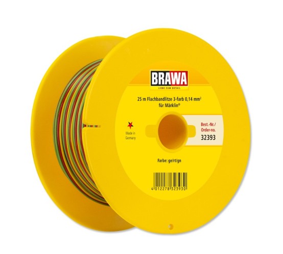BRAWA 32393 Flachbandlitze Dreiadrig, 0,14 mm², 25 m Spule, gelb/rot/grün