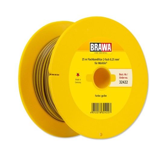 BRAWA 32422 Flachbandlitze für digitalen Einsatz, Zweiadrig, 0,25 mm², 25 m Spule, gelb/braun