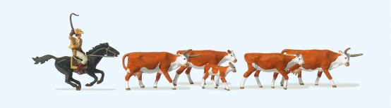 Preiser 10159 H0 Langhornrinder, Cowboy zu Pferd 