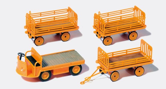 Preiser 17120 H0 Elektrokarre mit 3 Anhängern. 