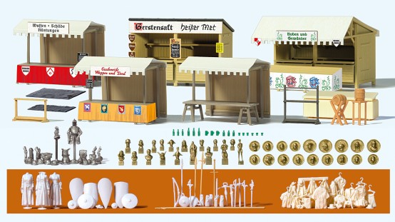 Preiser 17216 H0 Verkaufsstände und Zubehör Mittelaltermarkt (Bausatz)