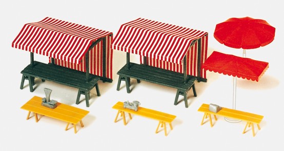 Preiser 17500 H0 Marktstände und Marktschirme (Bausatz) 