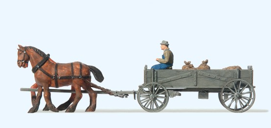 Preiser 30411 H0 Kastenwagen. Bauer, 2 Pferde, 
