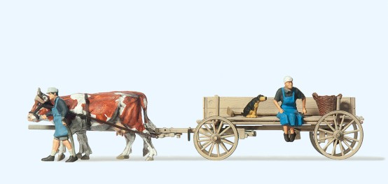 Preiser 30412 H0 Bauernwagen, 2 Bauersleute, 2 Kühe, Hund (Fertigmodell)