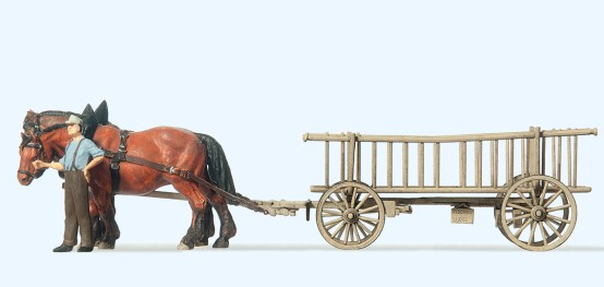 Preiser 30416 H0 Leiterwagen. Bauer, 2 Pferde 