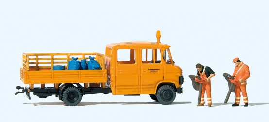 Preiser 33262 H0 Straßenmeisterei. Mercedes-Benz L 407 D. 2 Arbeiter mit Laubsaugern, Säcke