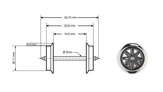 Preview: Roco 40181 H0 Radsatz AC, Ø 11 mm, Länge 24,75 mm (2er-Set) 