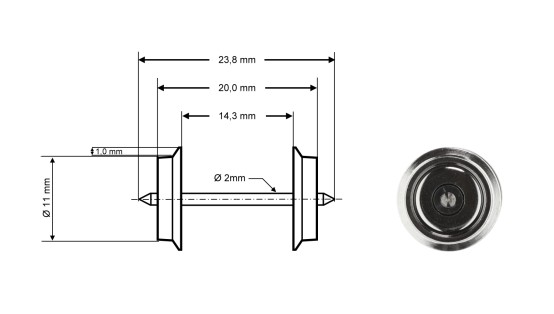 Preview: Roco 40182 H0 Radsatz DC, Ø 11 mm, Länge 23,8 mm (2er-Set) 