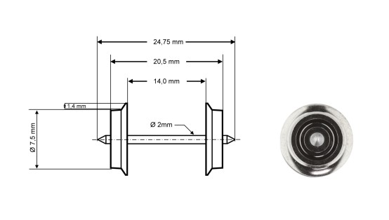 Preview: Roco 40184 H0 Radsatz AC, Ø 7,5 mm, Länge 24,75 mm (2er-Set) 