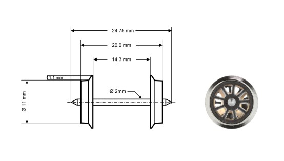Preview: Roco 40188 H0 Radsatz DC, Ø 11 mm, 2er-Set 