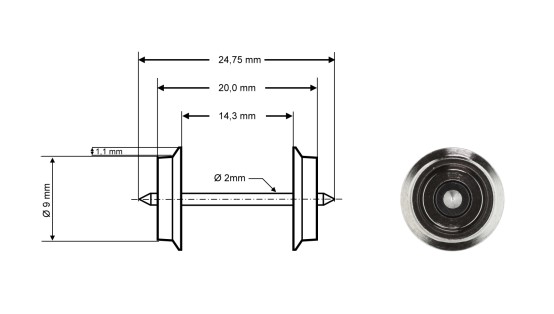 Preview: Roco 40194 H0 Radsatz DC, Ø 9 mm, Länge 24,75 mm (2er-Set) 
