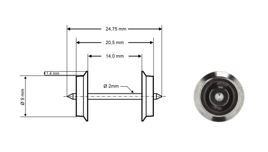 Preview: Roco 40195 H0 Radsatz AC, Ø 9 mm, Länge 24,75 mm (2er-Set) 