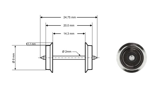 Preview: Roco 40197 H0 Radsatz DC, Ø 9 mm, Länge 24,75 mm (2er-Set) 