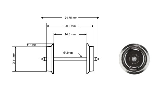 Preview: Roco 40198 H0 Radsatz DC, Ø 11 mm, Länge 24,75 mm (2er-Set) 