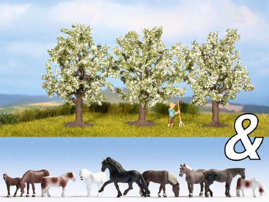 NOCH 94003 H0 Ausschmückungs-Set Pferde & Obstbäume 