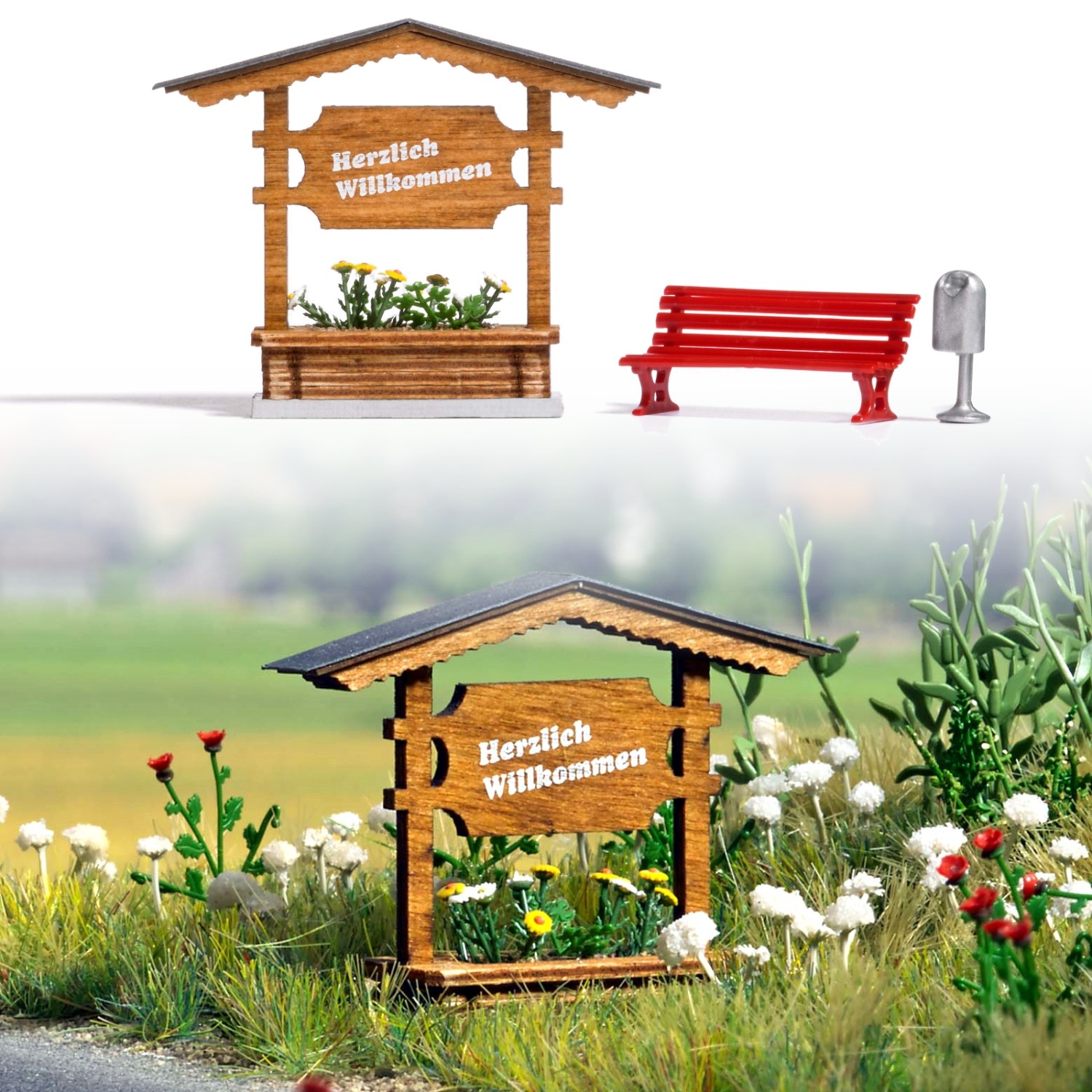 BUSCH 1144 H0 Ortseingangsschild aus Holz (Fertigmodell) 