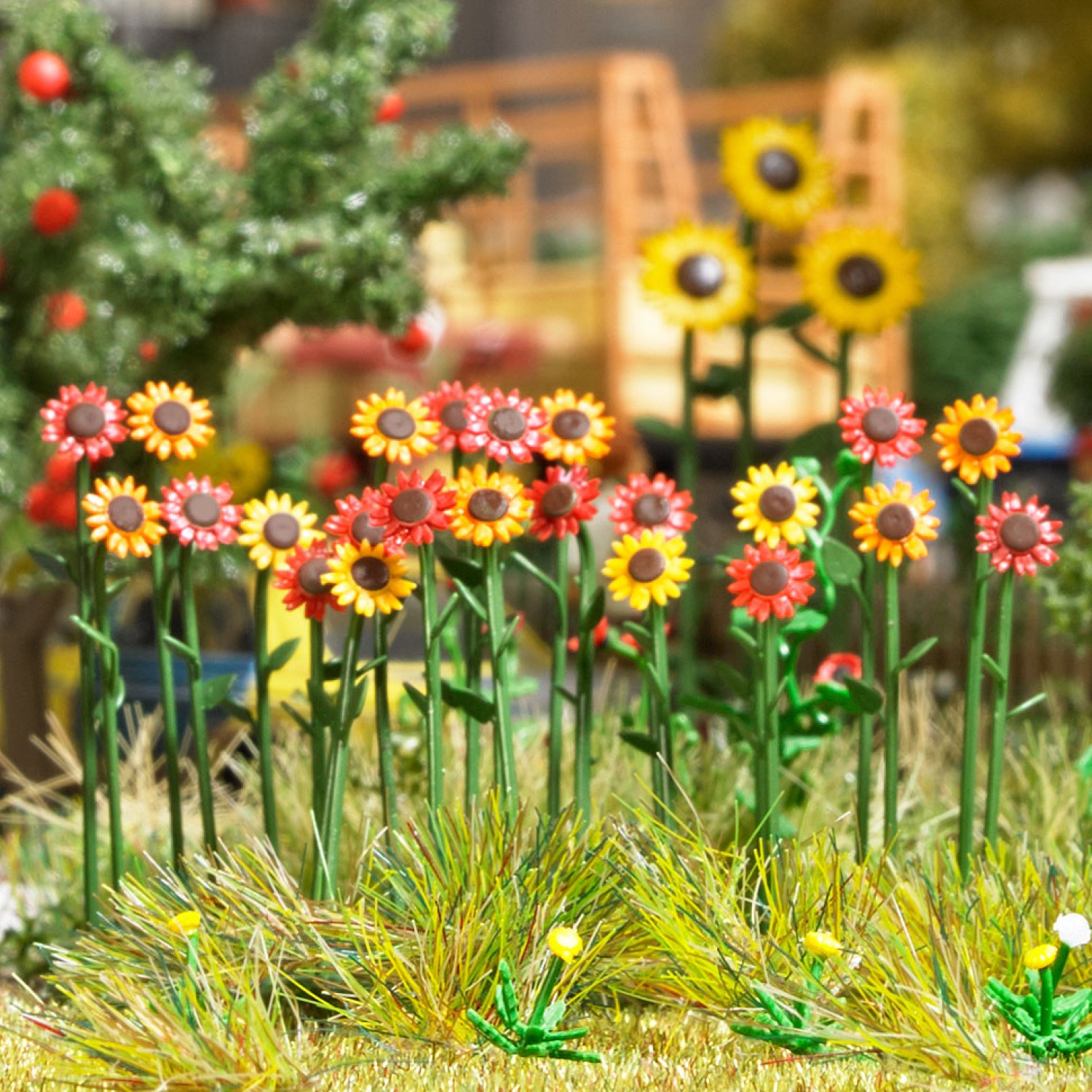 BUSCH 1290 H0 Rote/Bunte Sonnenblumen, Fertigmodell 