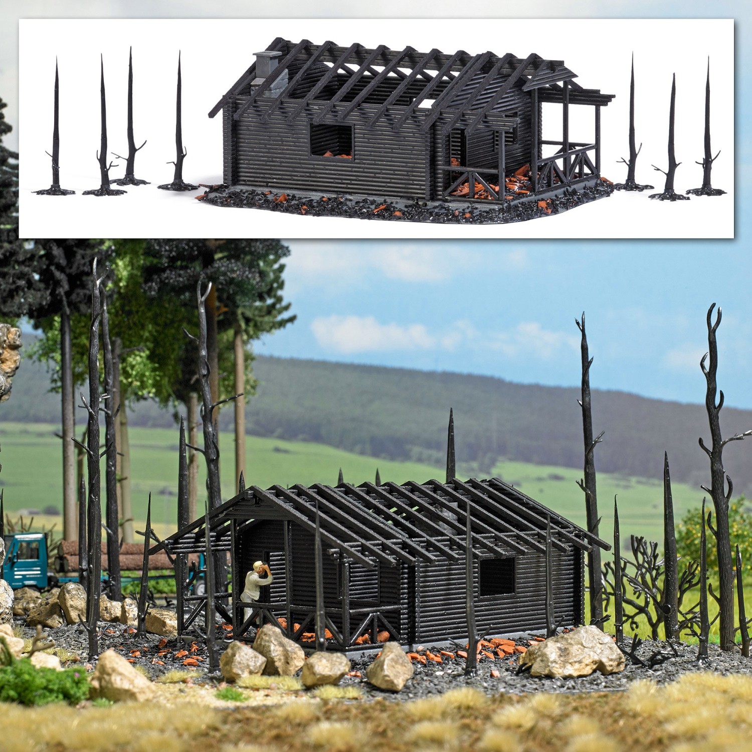 BUSCH 1853 H0 Abgebrannte Waldhütte 