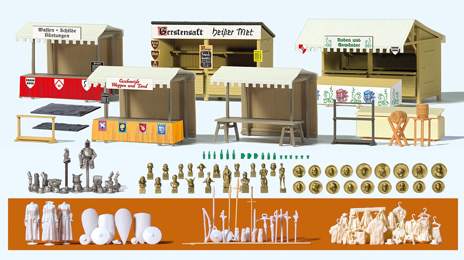 Preiser 17216 H0 Verkaufsstände und Zubehör Mittelaltermarkt (Bausatz)
