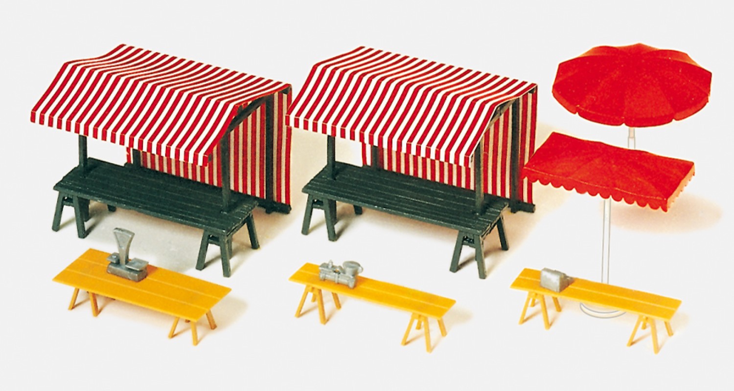 Preiser 17500 H0 Marktstände und Marktschirme (Bausatz) 