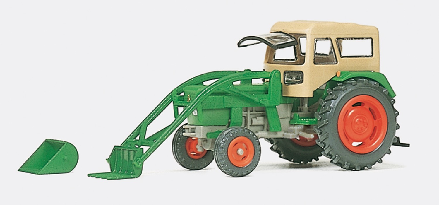 Preiser 17923 H0 Ackerschlepper DEUTZ D 6206 mit BAAS-Lader und FRITZ-MEIER Verdeck (Fertigmodell)
