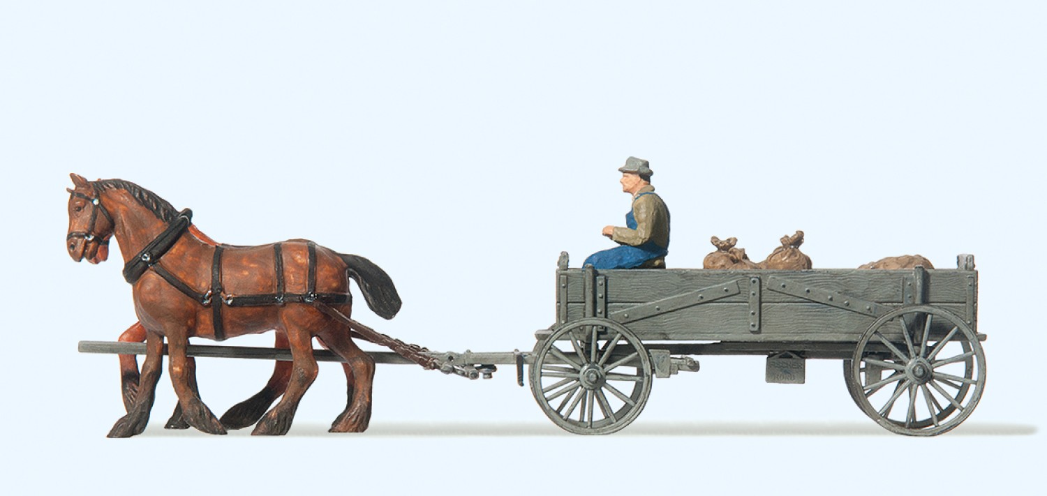 Preiser 30411 H0 Kastenwagen. Bauer, 2 Pferde, 