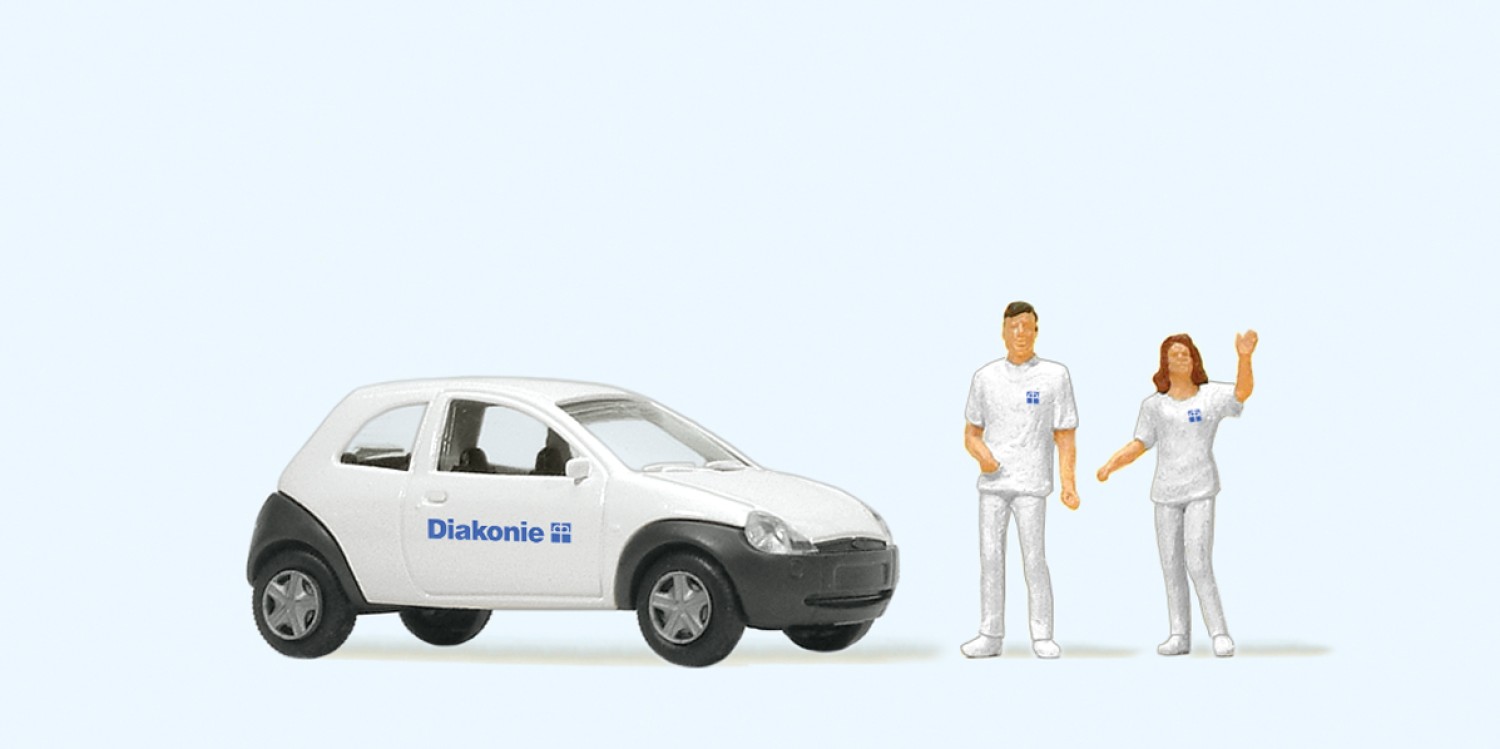 Preiser 33245 H0 Ambulanter Pflegedienst. 2 Miniaturfiguren und Fahrzeug.
