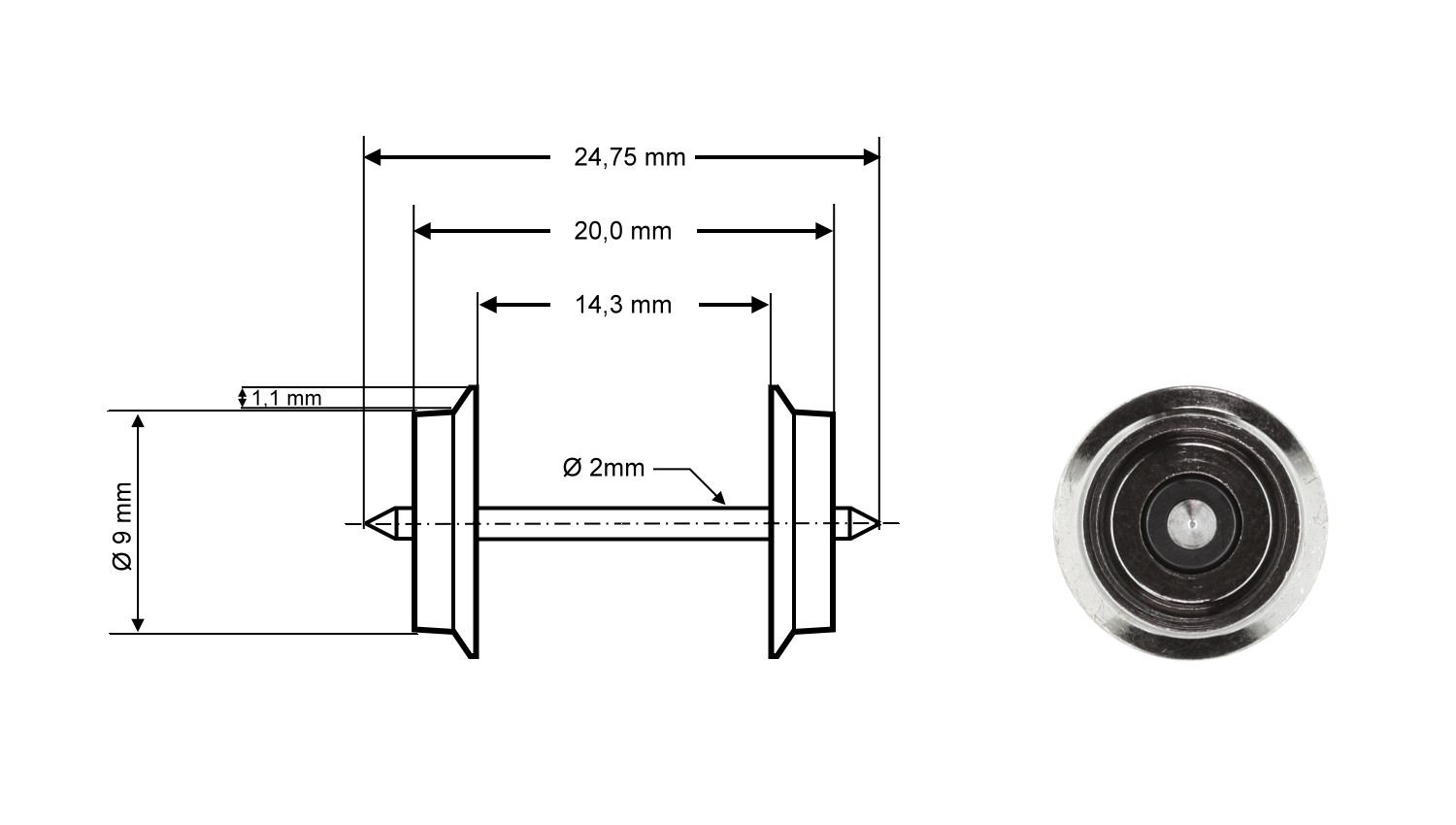 Roco 40197 H0 Radsatz DC, Ø 9 mm, Länge 24,75 mm (2er-Set) 